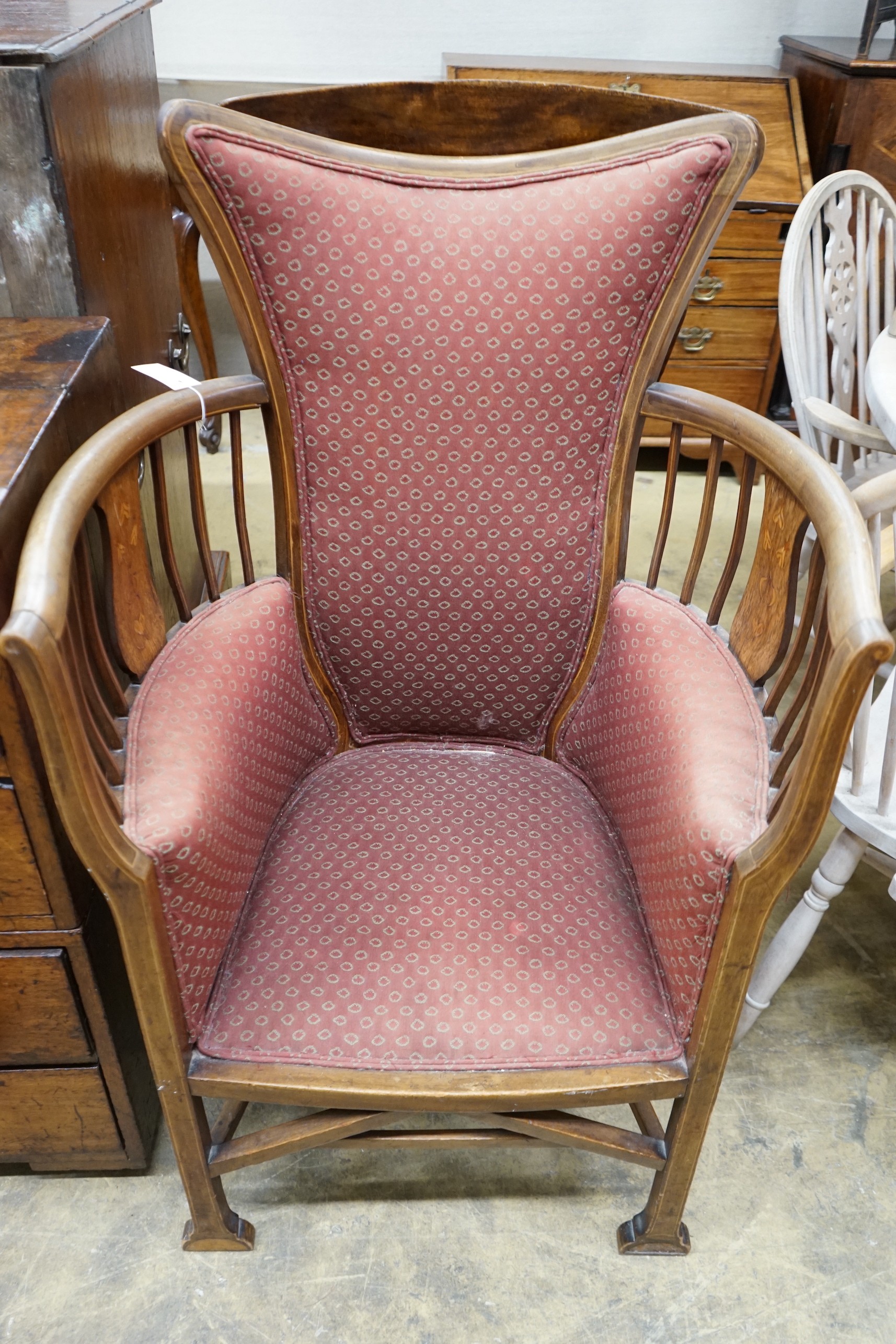 An Edwardian Art Nouveau Mackintosh style inlaid tub framed armchair, width 70cm, depth 50cm, height 114cm